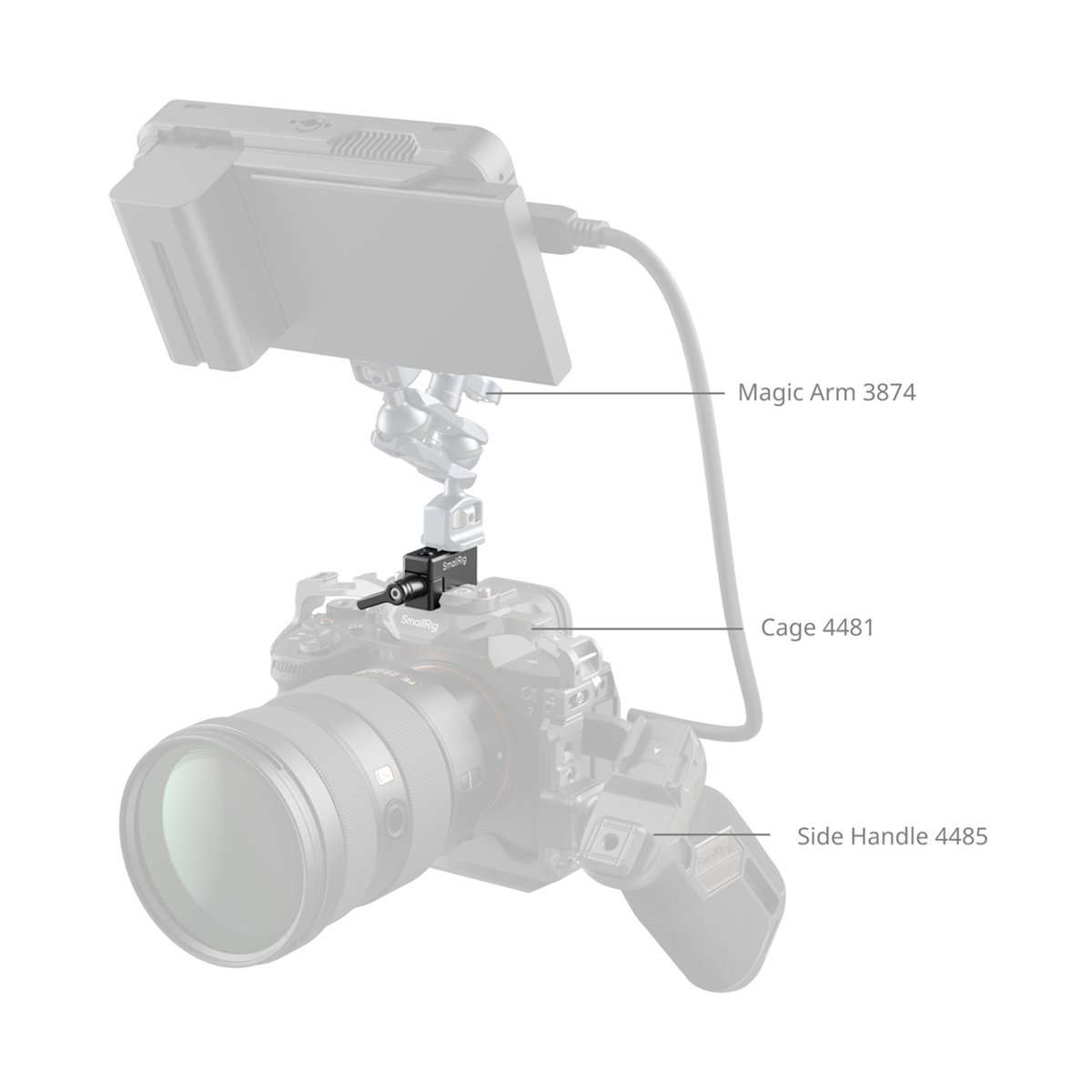 SmallRig 1973B Universal NATO Clamp Support - Anwendungsbeispiel mit SmallRig Magic Arm 3874, Cage 4481 und Side Handle 4485 an einer Kamera