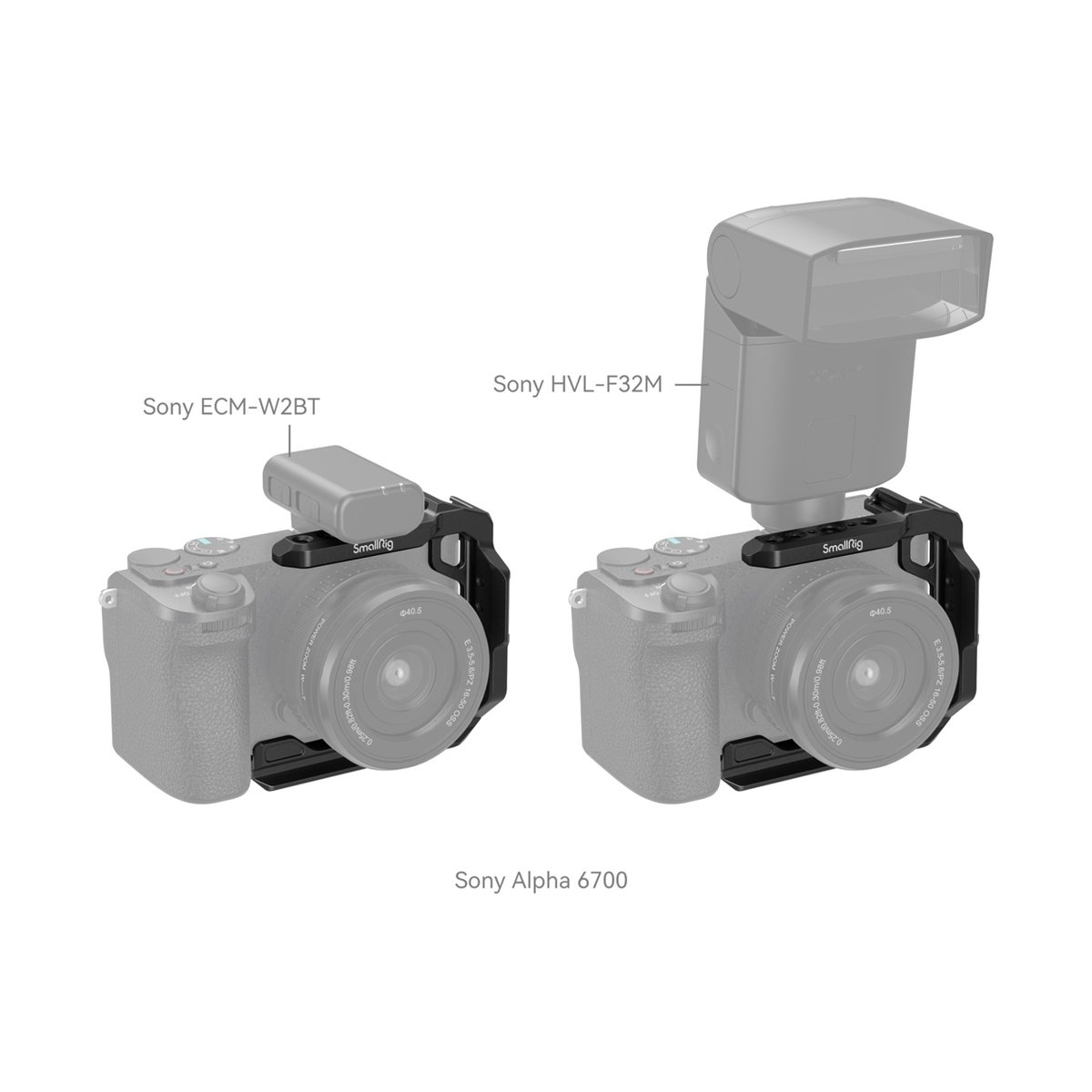 SmallRig 4337 Half Cage für Sony Alpha 6700/6600/6500/6400 - Anwendungsbeispiel: SmallRig Cage an Sony Alpha 6700 mit Mikrofon und Blitz montiert.