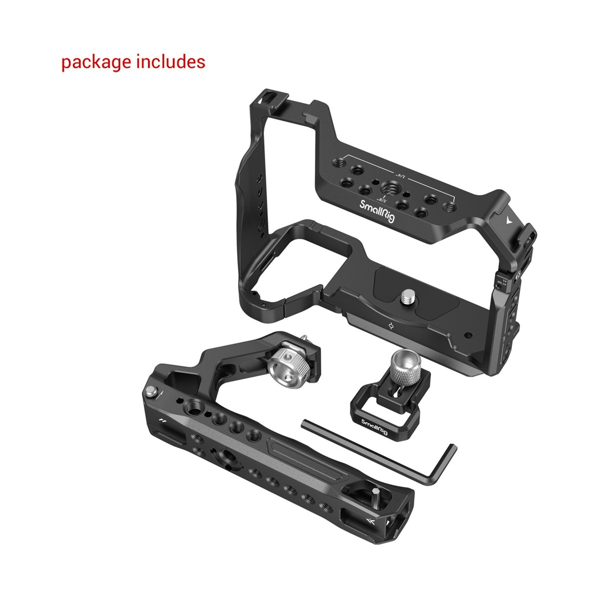 SmallRig 3668B Basic Kit für Sony Alpha 7R V / Alpha 7 IV / Alpha 7SIII - Lieferumfang: SmallRig Kamera-Cage, Top-Griff und Montagezubehör.