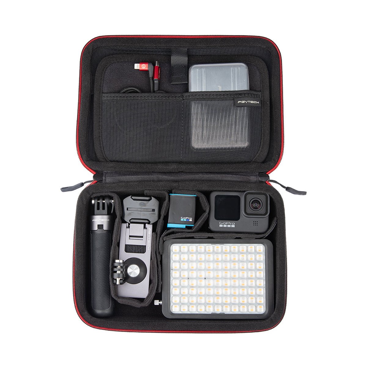 PGYTECH Osmo Pocket Carrying Case - Geöffnete Aufbewahrungstasche mit GoPro Kamera, LED-Licht, kleinem Stativ und weiterem Zubehör