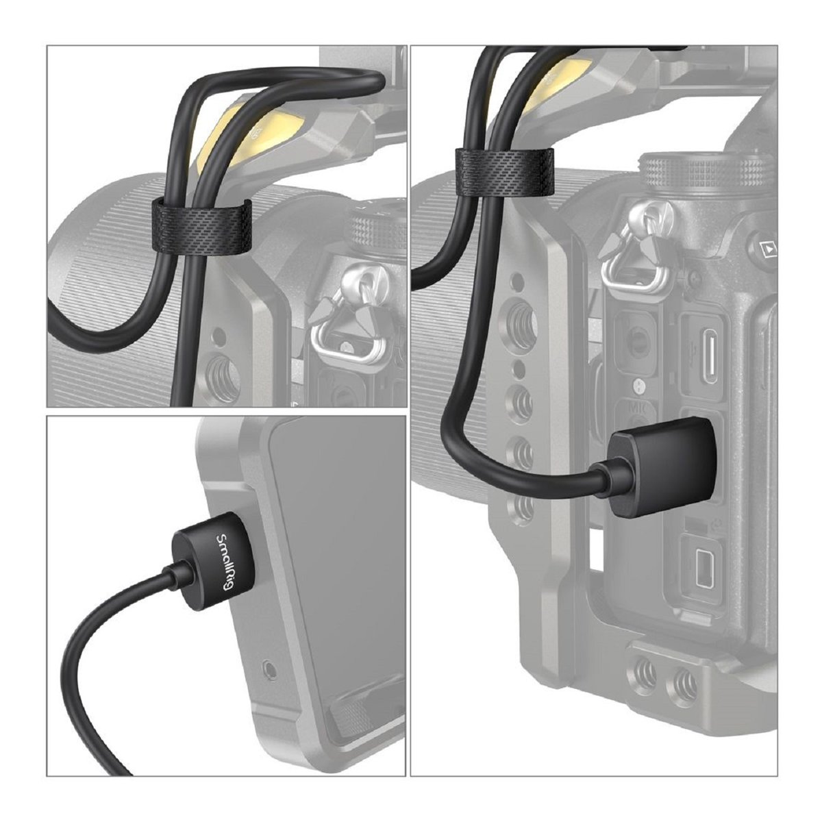 SmallRig 3041 Ultra Slim 4K HDMI 2.0 Kabel 55 cm (Typ C zu Typ A) - Anwendungsbeispiel: SmallRig HDMI-Kabel mit Kabelmanagement am Kamera-Rig und Anschlüssen an Kamera und Monitor. SmallRig 3041 Ultra Slim 4K HDMI 2.0 Kabel 55 cm (Typ C zu Typ A) - Anwendungsbeispiel: SmallRig HDMI-Kabel mit Kabelmanagement am Kamera-Rig und Anschlüssen an Kamera und Monitor.