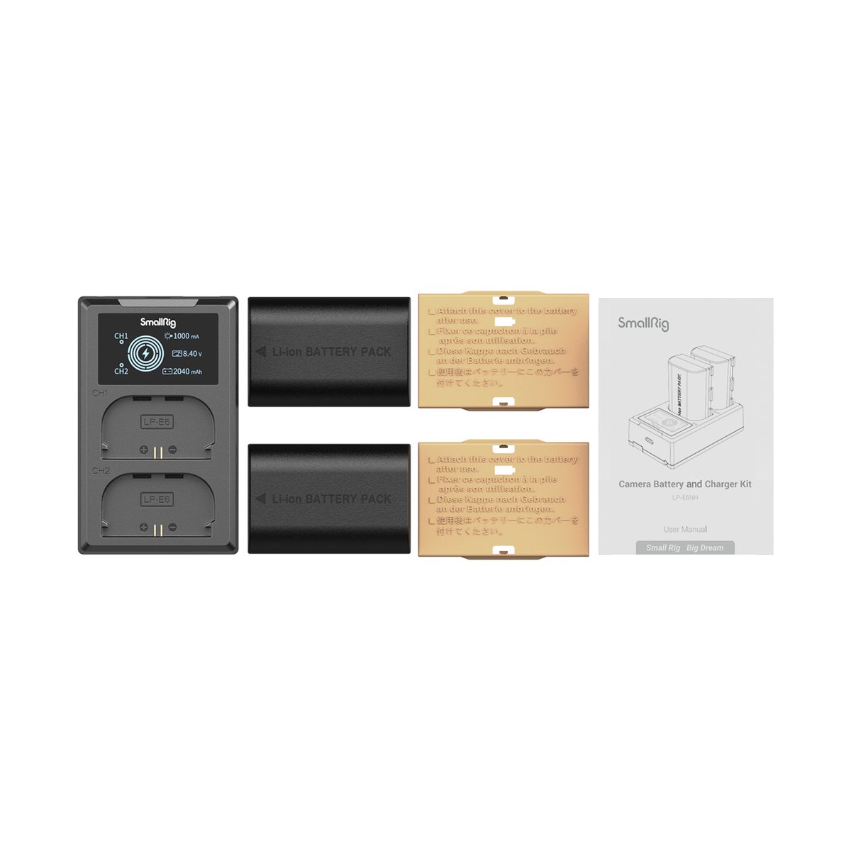 SmallRig 3821 LP-E6NH Kamera-Akku und Ladegerät Kit - Lieferumfang: SmallRig Kamera Akku- und Ladegerät-Set mit Ladegerät, zwei Akkus und Verpackung.