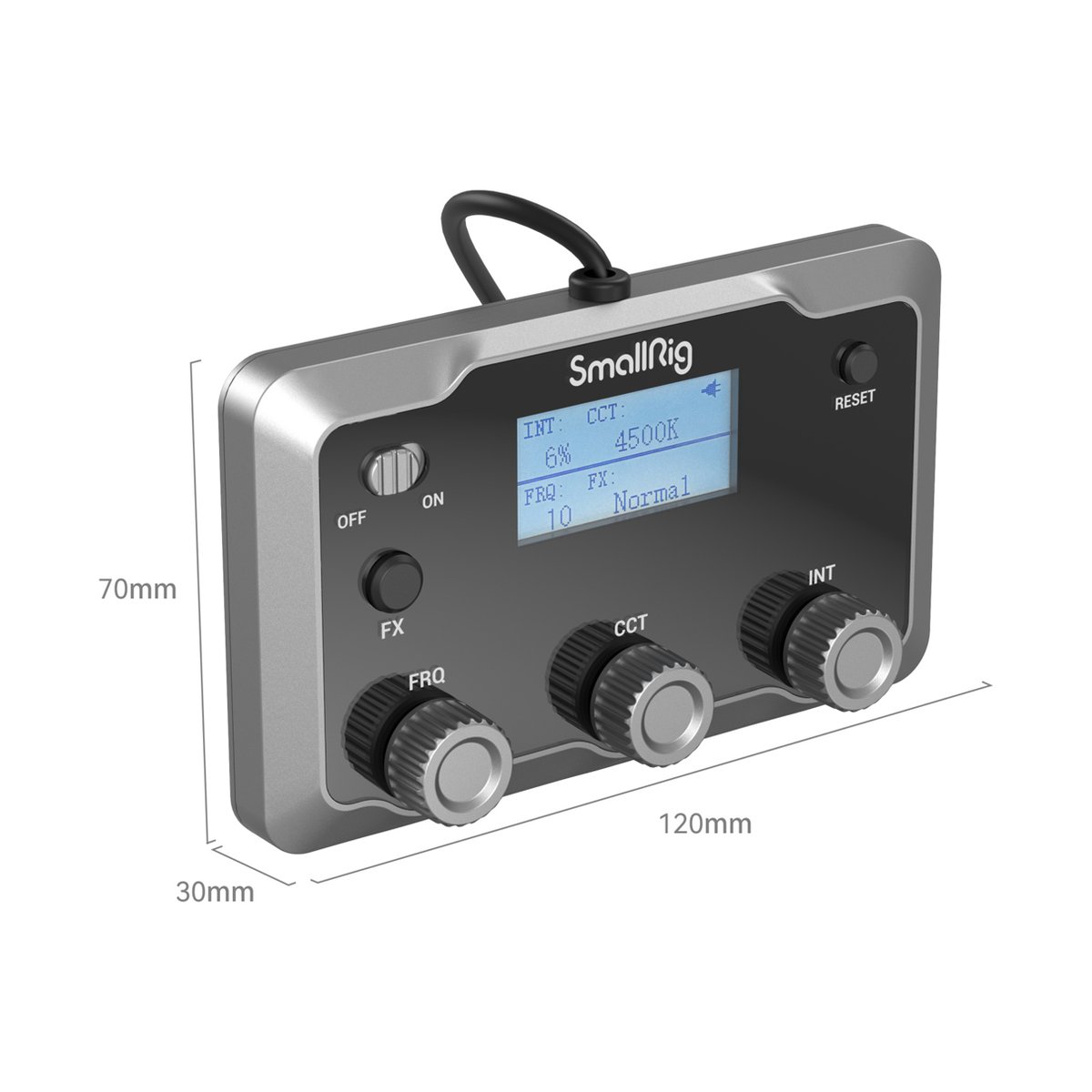 SmallRig 3980 Bedienfeld COB LED- Videoleuchte - Schrägansicht des SmallRig Lichtpanels mit Maßen