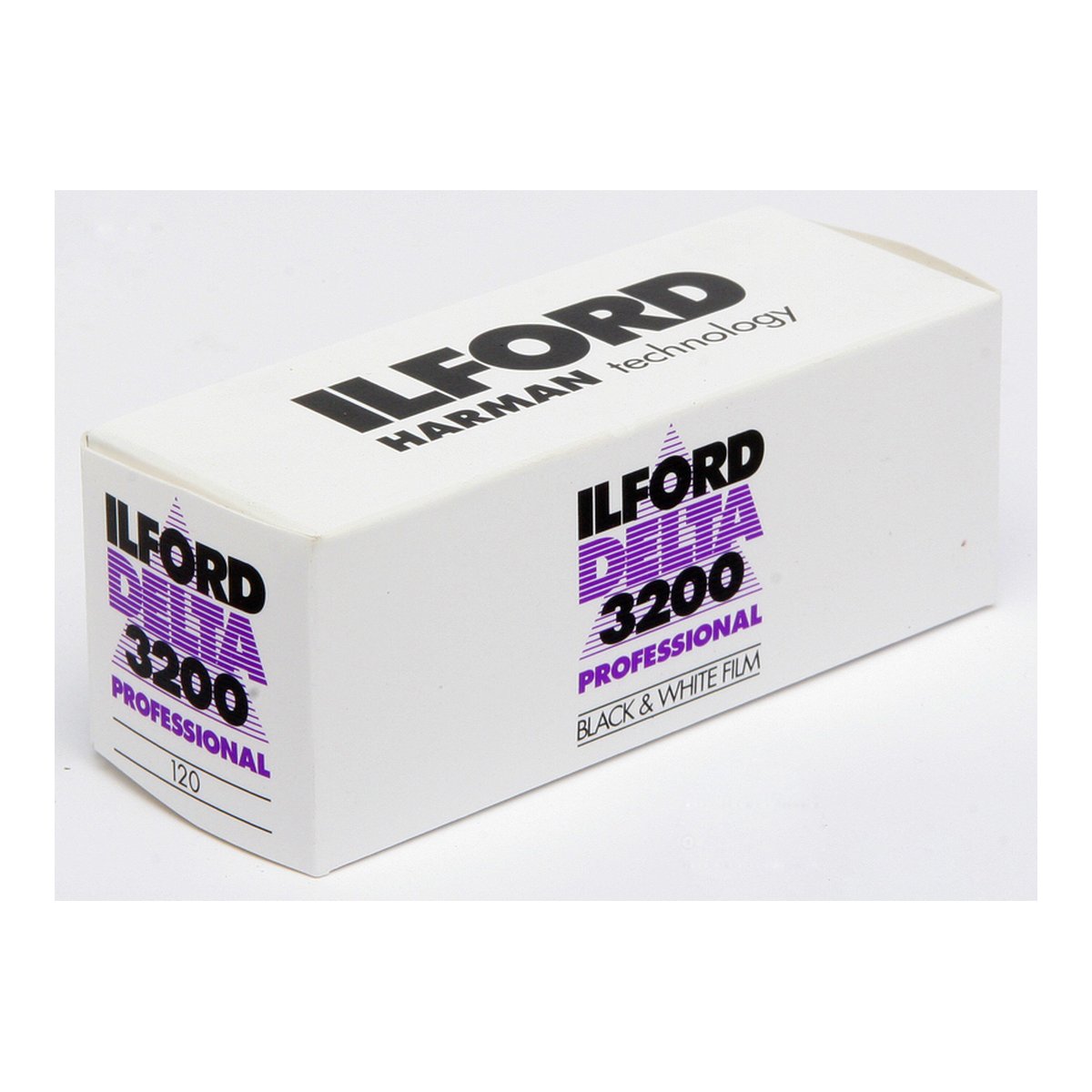 Ilford Delta 3200 120 SW-Rollfilm - Front- und Seitenansicht der Ilford Delta 3200 Filmverpackung Ilford Delta 3200 120 SW-Rollfilm - Front- und Seitenansicht der Ilford Delta 3200 Filmverpackung