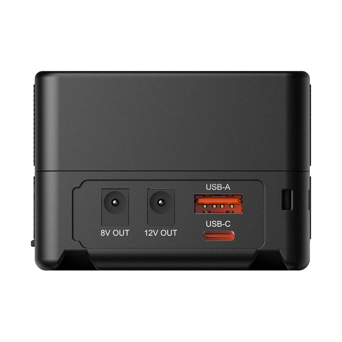 SmallRig 3580B VB99 mini V-Mount Akku - Detailansicht der Ausgänge: 8V OUT, 12V OUT, USB-A und USB-C Ports.