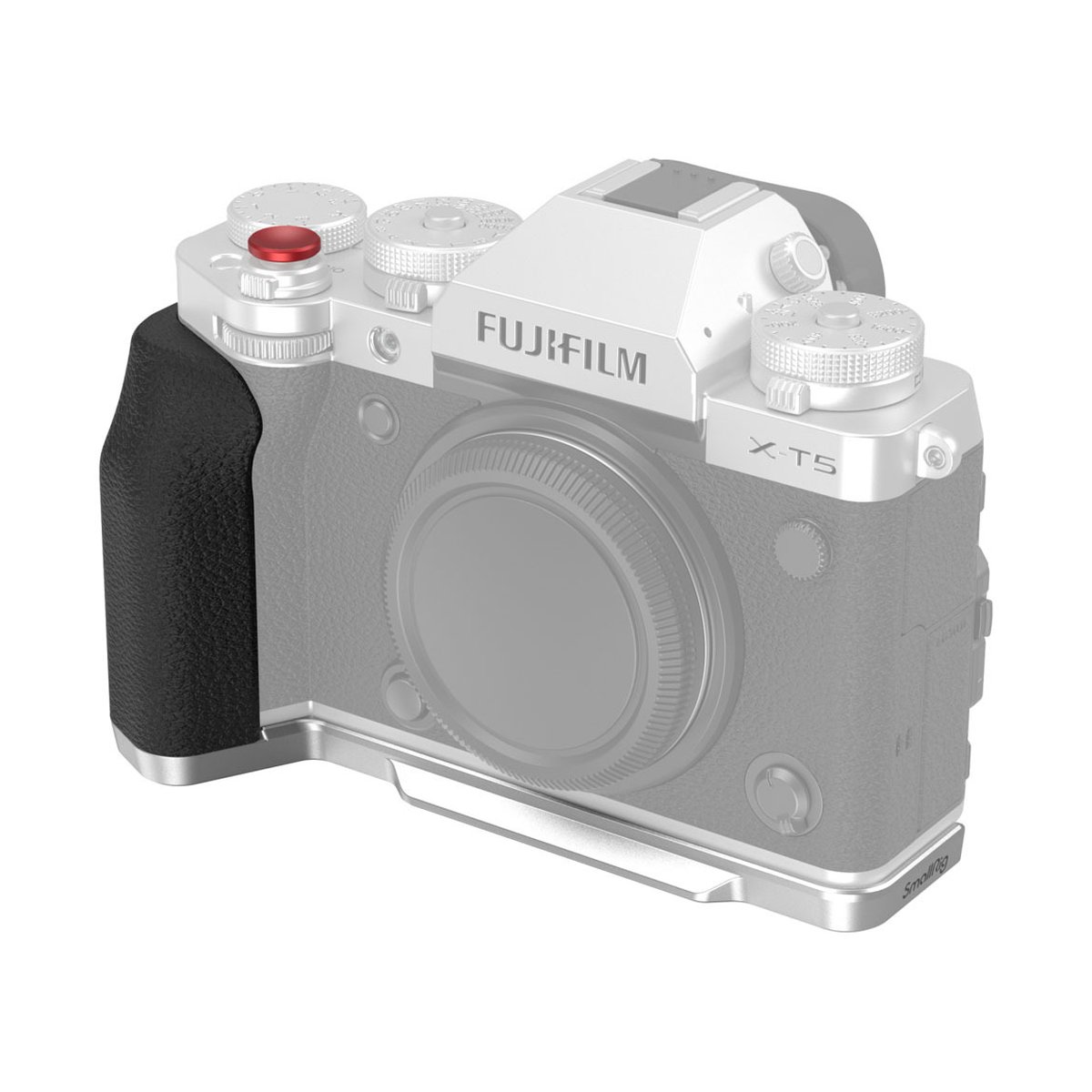 SmallRig 4136 L-Shape Griff für Fujifilm X-T5 - Anwendungsbeispiel: Fujifilm X-T5 Kamera mit silbernem Boden- & schwarzem Handgriff.