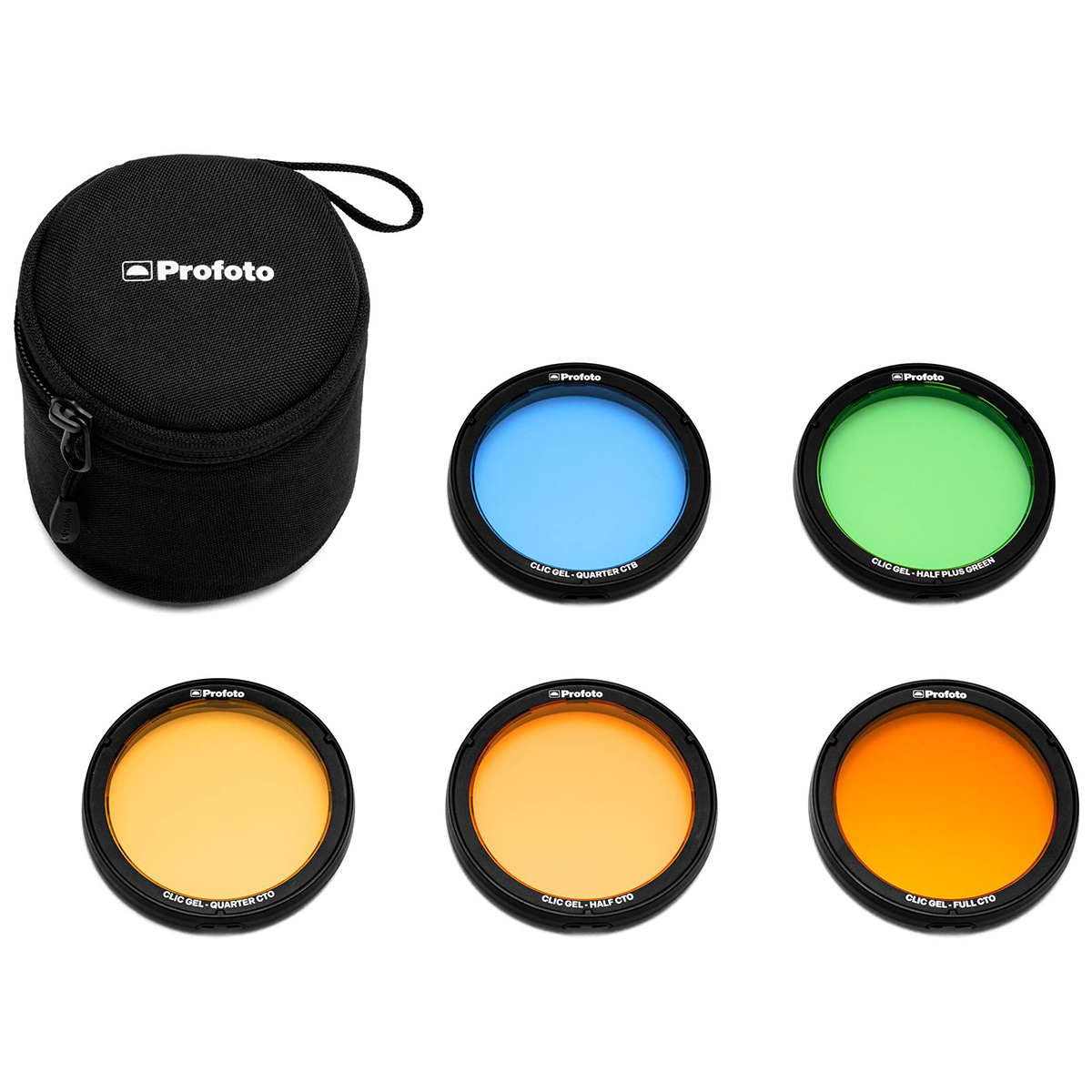 Zwei unterschiedlich farbige Profoto Clic Gels, mit drei Profoto CTO Clic Gels und der Schutztasche des Profoto Clic Color Correction Kit