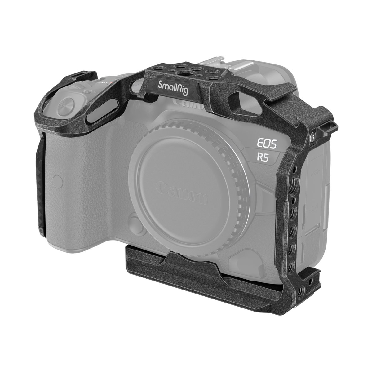 SmallRig 3233B Black Mamba Cage für Canon EOS R5/R6 - SmallRig Kameracage montiert auf Canon EOS R5, schräge Ansicht