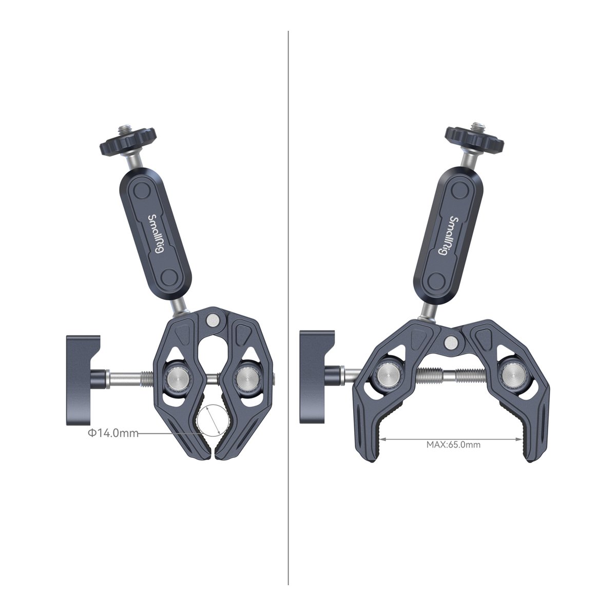 SmallRig 3757B Crab Shaped Clamp mit Kugelkopf Magic Arm - Detailansicht Klemmbereich SmallRig Super Clamp: Min. 14mm, Max. 65mm