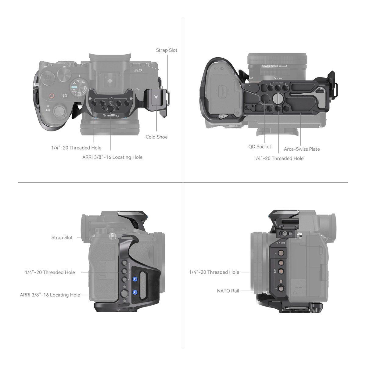 SmallRig 3710 Rhinoceros Advanced Cage Kit für Sony Alpha 7R V/IV/7S III - Kamerakäfig: Mehrere Ansichten zeigen technische Details und Befestigungspunkte wie Cold Shoe, Arca-Swiss, NATO Rail.