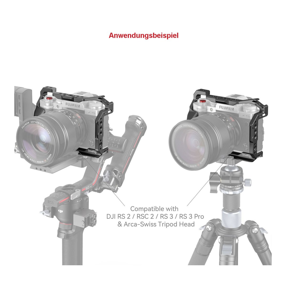 SmallRig 4135 Cage für Fujifilm X-T5 - Anwendungsbeispiel: Kamerakäfig mit Kamera auf Gimbal und Stativ montiert.