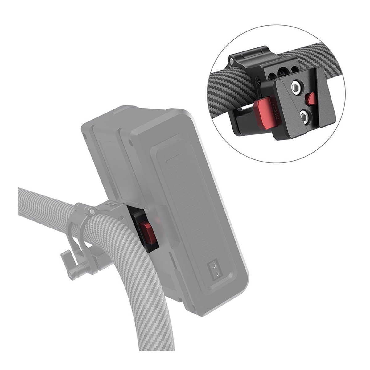 SmallRig 2801B Mini V-Lock Montage Kit - Anwendungsbeispiel mit montiertem Gerät an Stange. Detailansicht des Schnellverschlusses der Halterung.