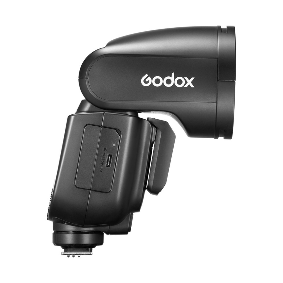 Godox Speedlite V1Pro Fujifilm - Godox Kamera-Blitz: Seitenansicht mit Godox Logo, Hot-Shoe und INPUT 5V-2A Anschluss.