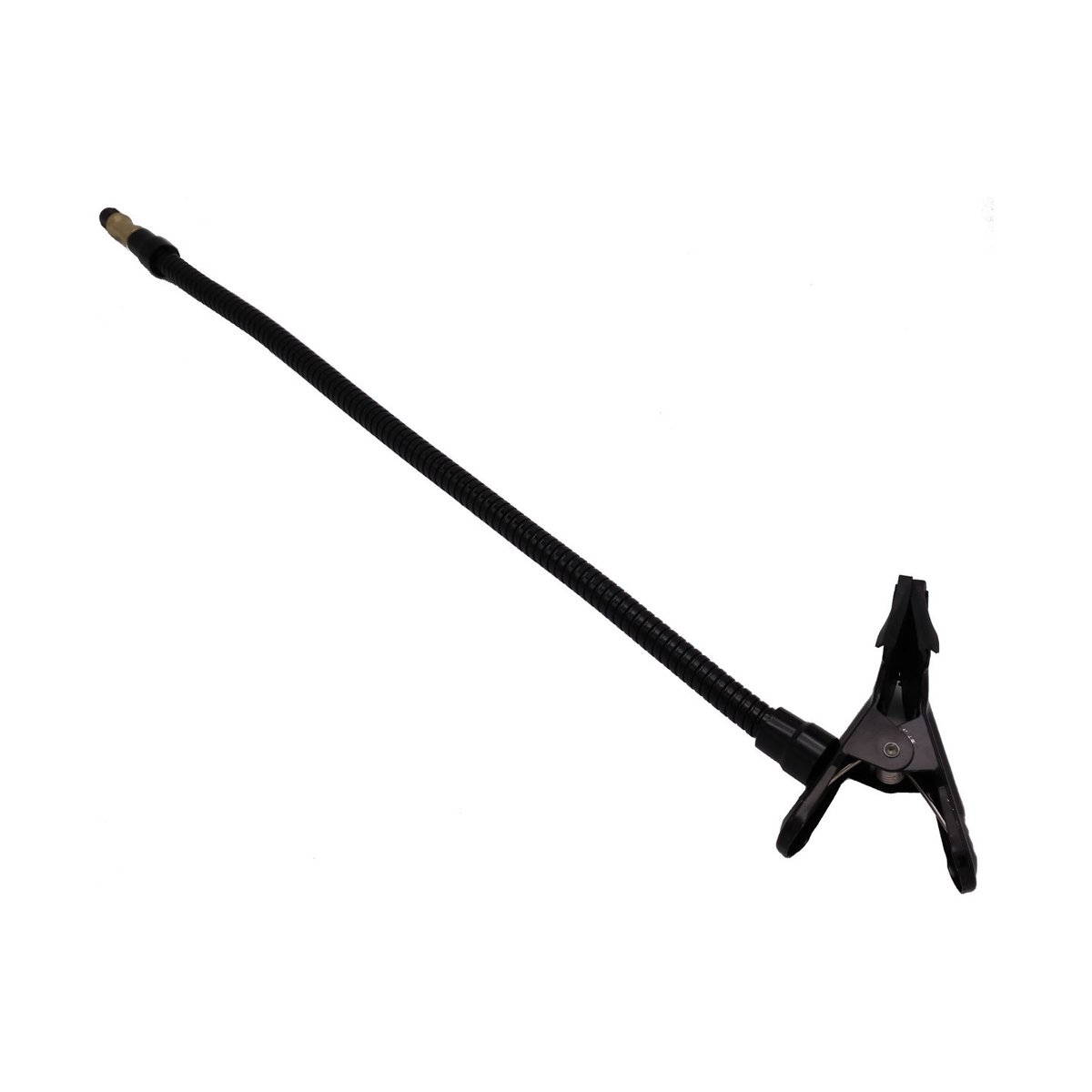 Caruba-Zubehör Klemme / Flexibler Arm 2 (Klemme > Zapfen 1/4") - Produktansicht: Schwarzer flexibler Schwanenhalsarm mit Klemmhalterung und Gewindeanschluss.