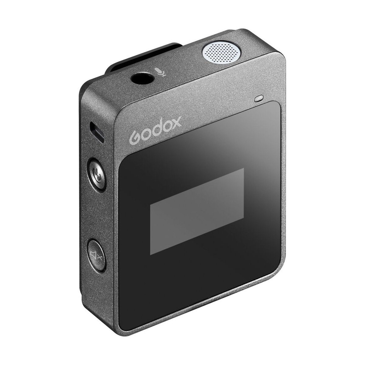 Godox MoveLink UC2 USB-C - Godox Funkmikrofon Sender: Schrägansicht mit Display, integriertem Mikrofon und Tasten.