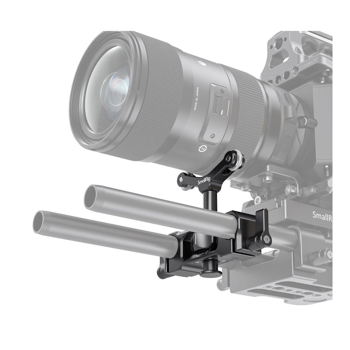 SmallRig 2727 Universal 15 mm LWS Objektivhalterung - Anwendungsbeispiel: SmallRig Objektivstütze an Kamerarods zur Stabilisierung eines Objektivs.
