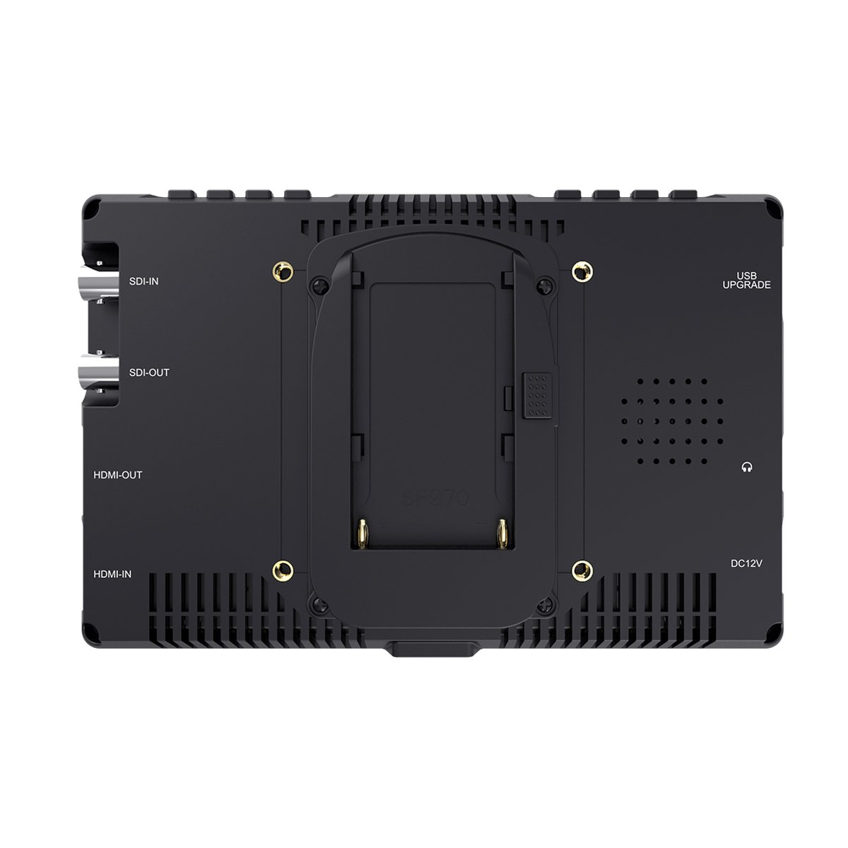 Feelworld 7" 4K FW279S Ultra Bright SDI Monitor - Rückansicht mit allen Anschlüssen und Akkuplatte des Videomonitors.