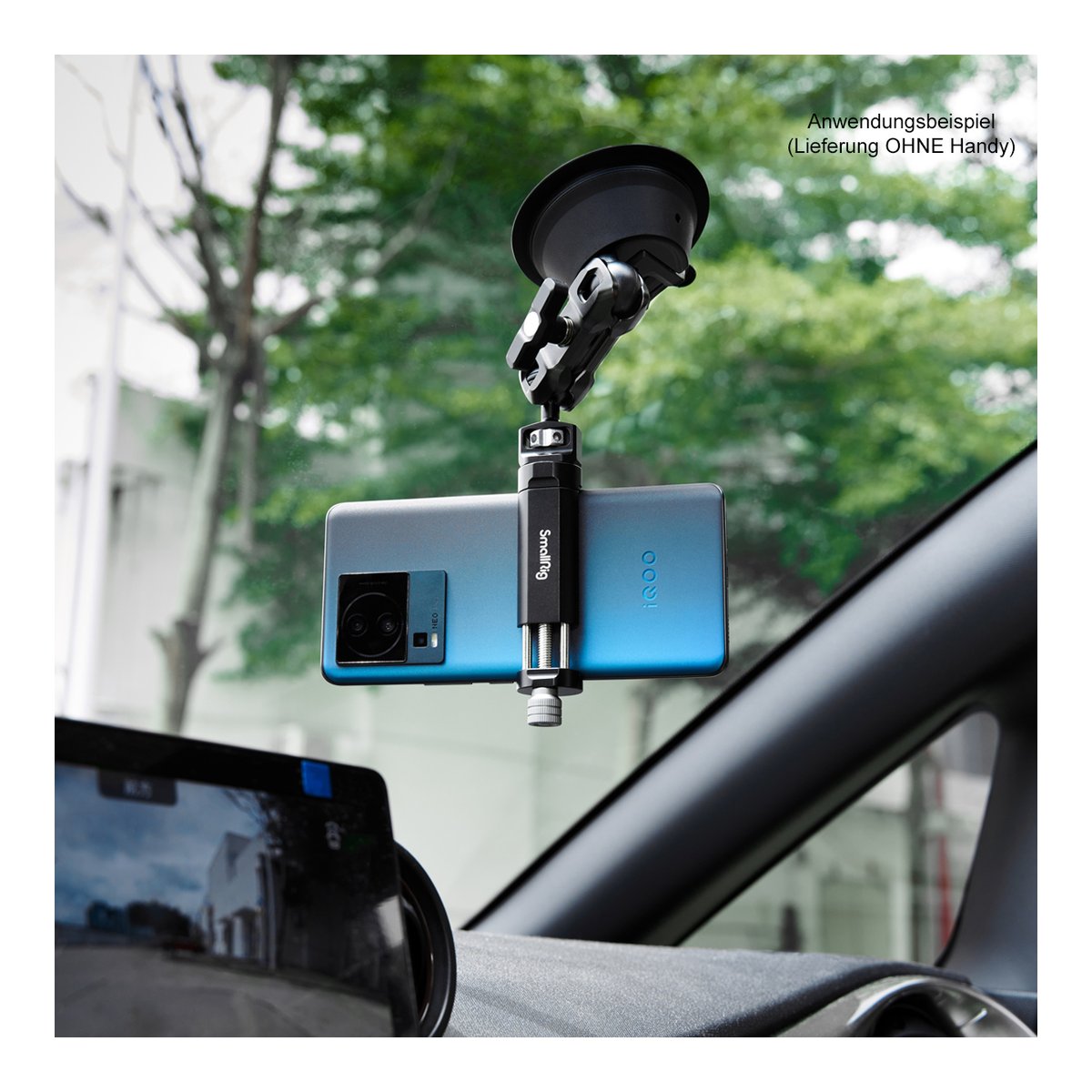 SmallRig 4275 SC-1K Portable Suction Cup Mount Support Kit, Saugnapf+Handyhalter - Anwendungsbeispiel: Saugnapfhalterung mit Smartphone im Auto an Windschutzscheibe.