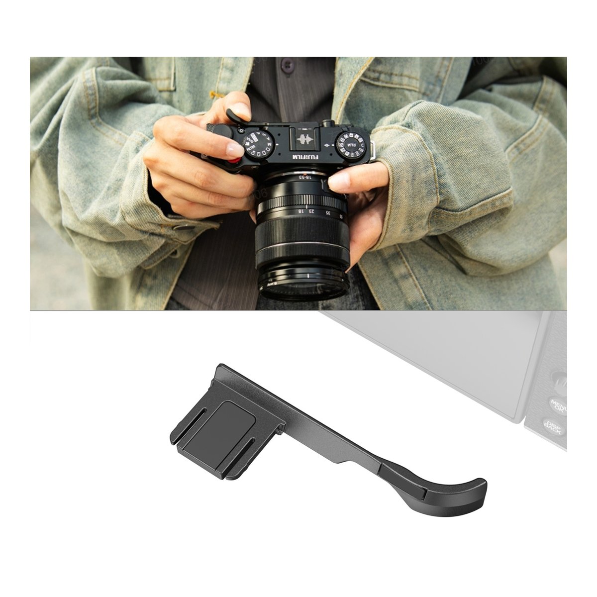 SmallRig 4878 Daumengriff schwarz für Fujifilm X-M5 - Anwendungsbeispiel an der Kamera und Detailansicht des Daumengriffs