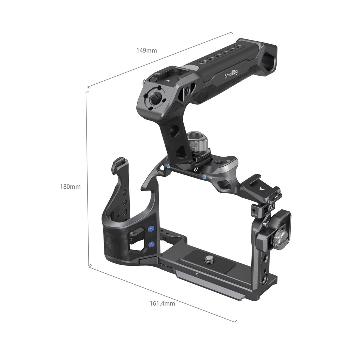 SmallRig 3708 Rhinoceros Basic Cage Kit für Sony Alpha 7R V/IV/7S III - Schrägansicht Kamerakäfig mit allen Produktabmessungen