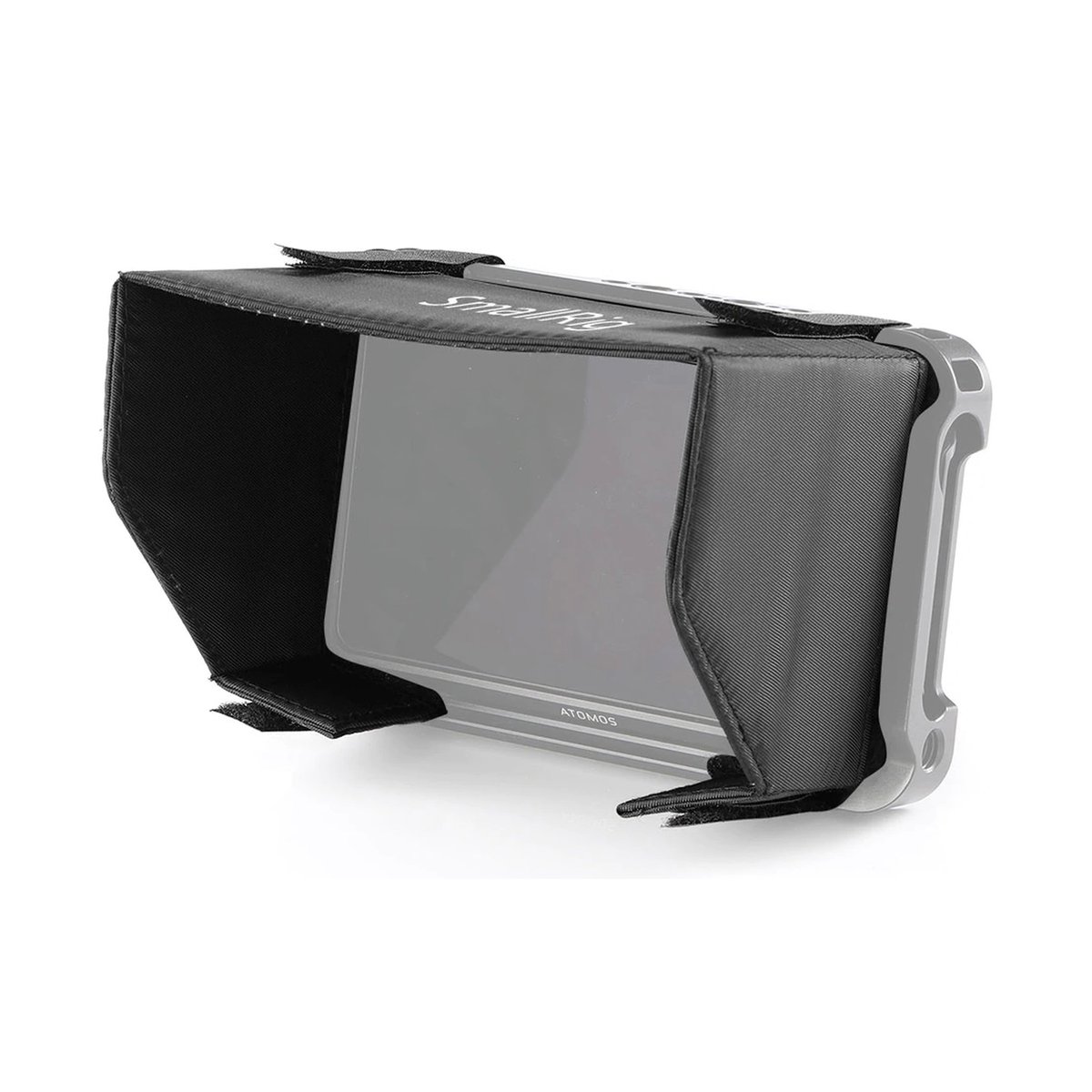 SmallRig 2269 Sunhood für Atomos Ninja V (passender Sonnenschutz für Cage 2209) - SmallRig Sonnenschutz montiert auf Atomos Monitor, schräg von vorn.