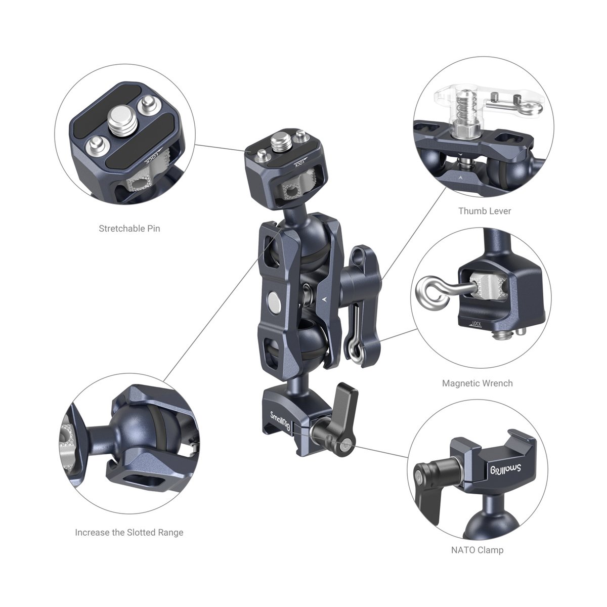 SmallRig 3875 Magic Arm m. Doppelkugel- Kopf (1/4"-20 Schraube+NATO Klemme) - BESCHREIBUNG: Funktionsübersicht des flexiblen Arms mit NATO-Klemme, verstellbaren Stiften und integriertem Werkzeug.