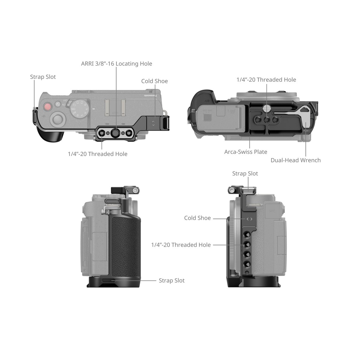 SmallRig 4515 Cage f.Panasonic Lumix S9 - Funktionsübersicht des Kameracages mit vier detaillierten Ansichten und beschrifteten Anschlüssen.