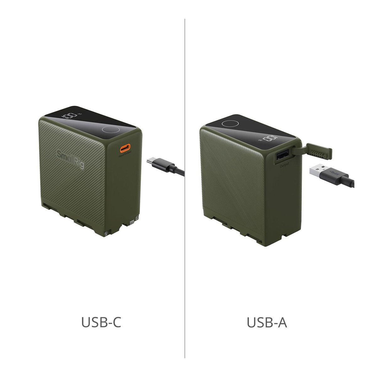 SmallRig 4577 NP-F970 grün, USB-C wiederaufladbarer Akku - Detailansicht: USB-C und ausziehbarer USB-A Anschluss der Powerbank
