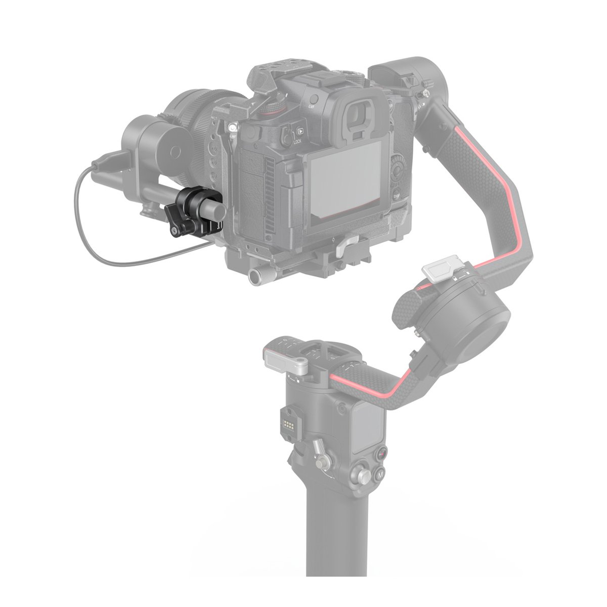 SmallRig 3598 Einzelstabklemme 12 mm / 15 mm - Anwendungsbeispiel: Fokusmotor montiert an Kamera und Gimbal.