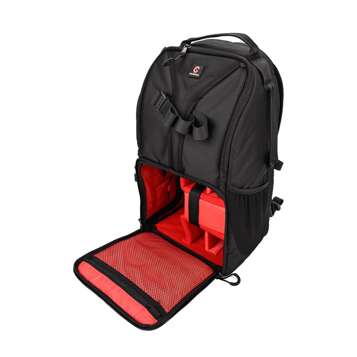 Caruba Skydex 10 - Detailansicht: Offenes Hauptfach des Kamerarucksacks, roter Innenraum mit Trennwänden und Netzfach.
