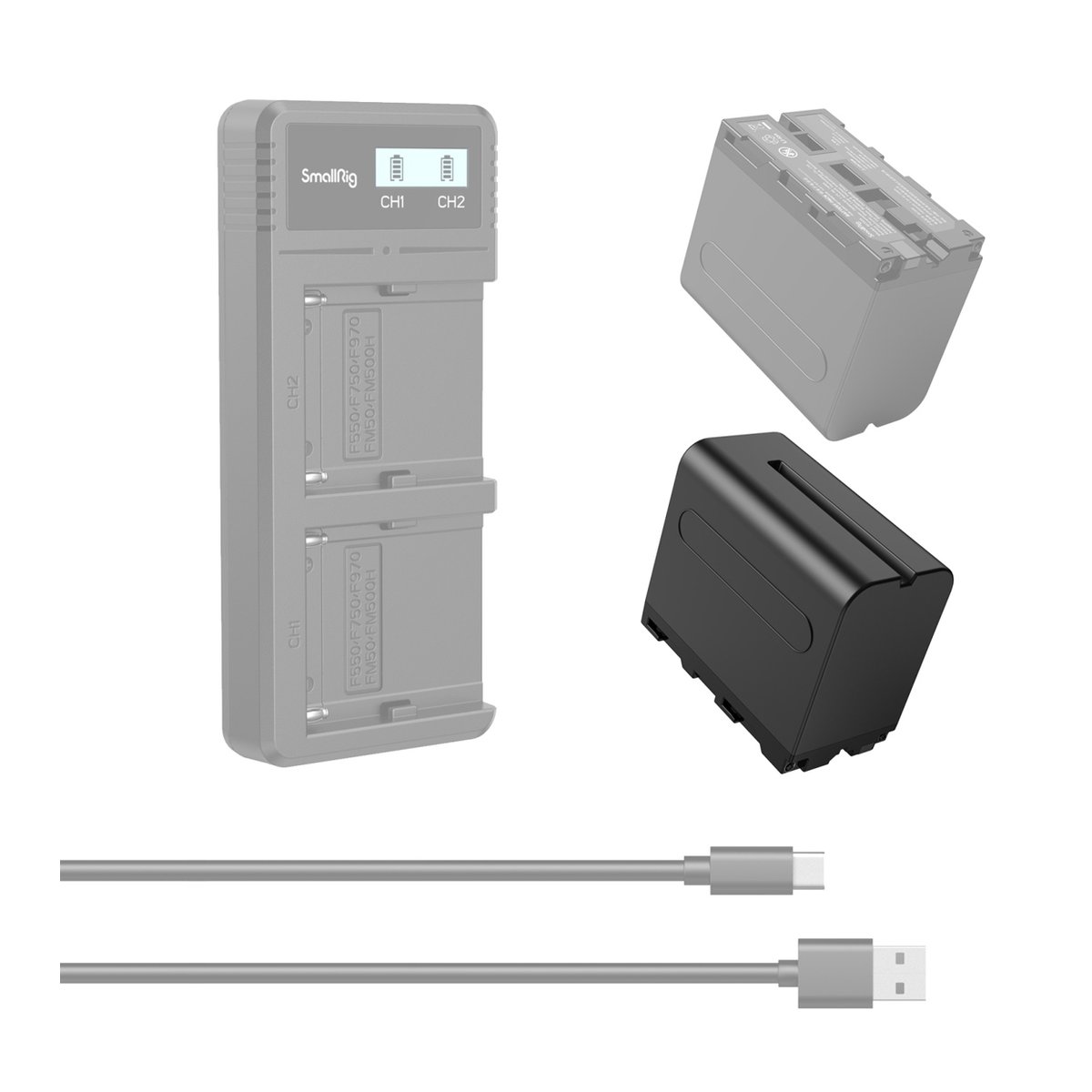 SmallRig 4073 NP-F970 Camera Battery, Li-Ion Akku - Lieferumfang: SmallRig Dual-Akkuladegerät, 2 Akkus, USB-C- und USB-A-Kabel.