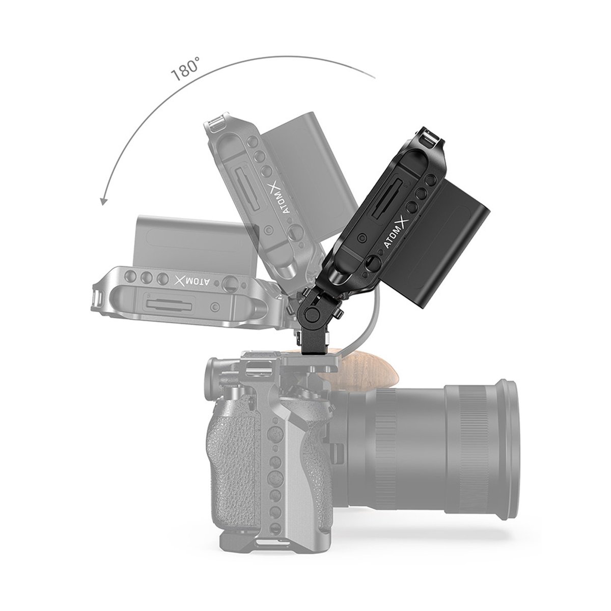 SmallRig 2174B Monitorhalterung mit ARRI 3/8"-16 Fixierschrauben - Funktionsweise: Monitorhalterung auf Kamera mit 180-Grad-Kippfunktion