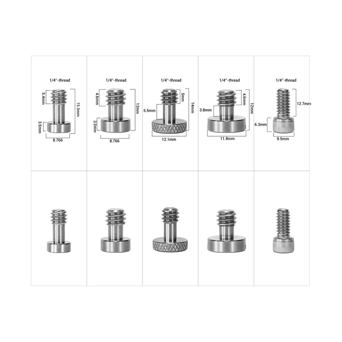 SmallRig 2326 Schraubenset für Kamerazubehör - Produktdetails: Übersicht und Maße verschiedener 1/4-Zoll-Gewindeschrauben