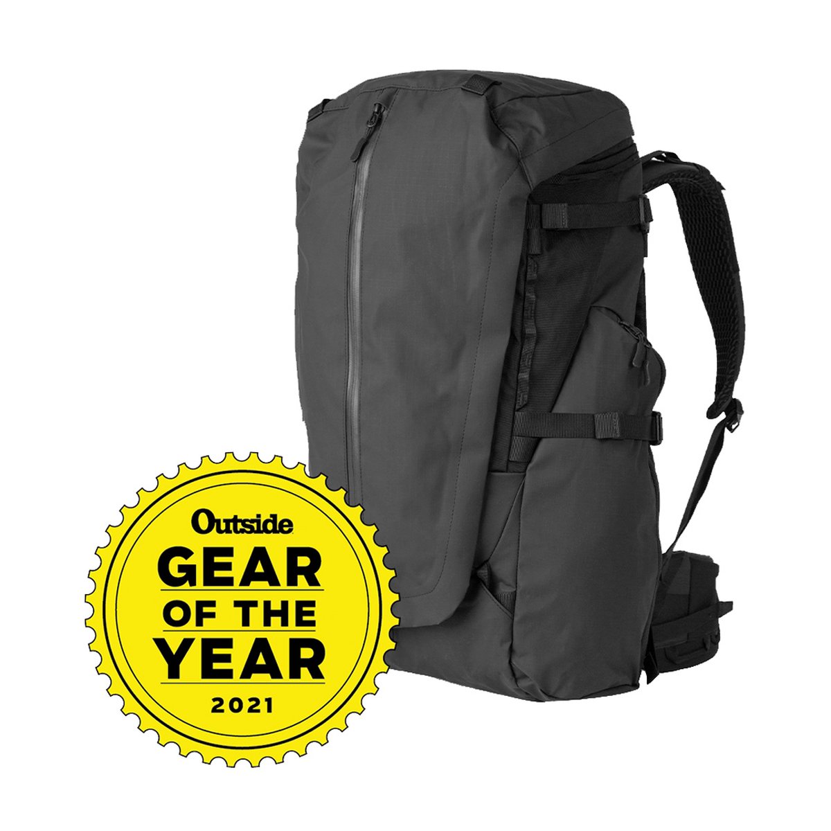 Wandrd Fernweh 50L M/L Schwarz - Dunkelgrauer Rucksack in schräger Frontansicht mit 'Gear of the Year 2021' Abzeichen.