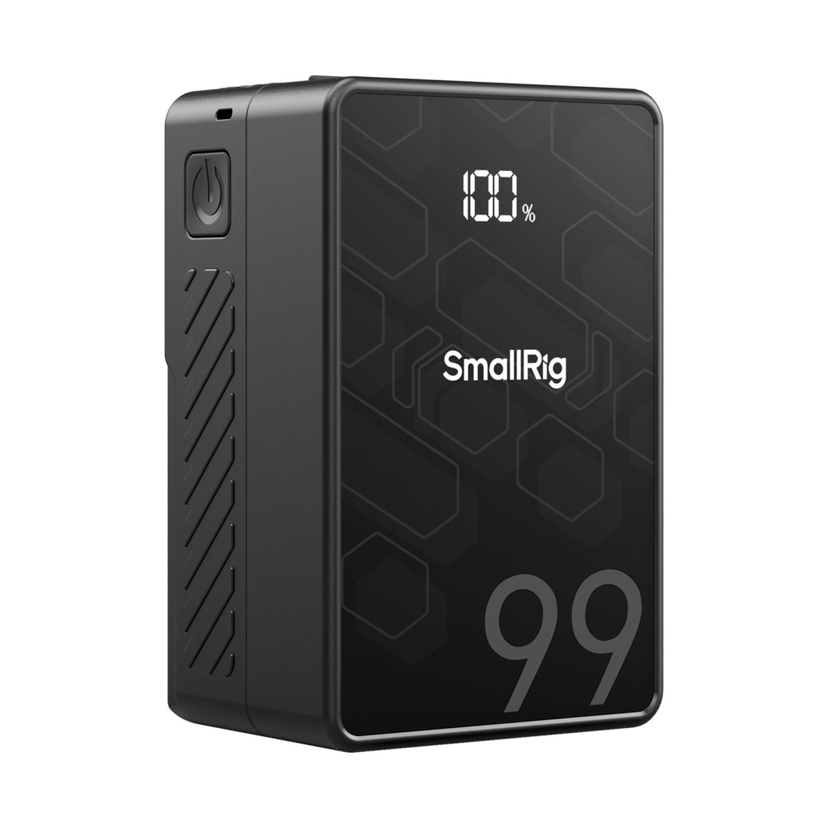 SmallRig 4608 VB99 SE mini V-Mount Akku - Frontansicht SmallRig Powerbank, Display zeigt 100% und '99'. SmallRig 4608 VB99 SE mini V-Mount Akku - Frontansicht SmallRig Powerbank, Display zeigt 100% und '99'.