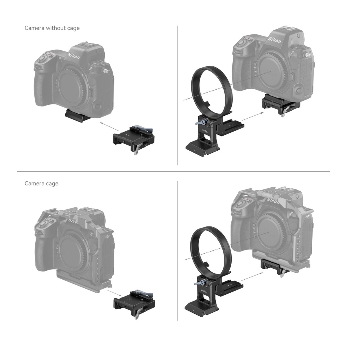 SmallRig 4306 Drehbares Horizontal- Vertikal-Montageplatten-Kit für Nikon Z - Anwendungsbeispiel Kamerasetup: Basisplatte, Rod-System und Objektivstütze mit/ohne Käfig.