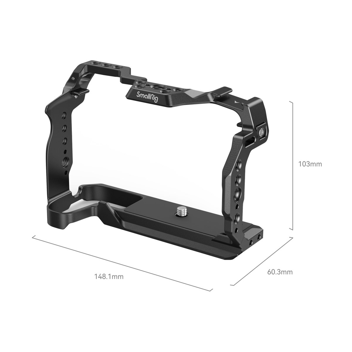 SmallRig 4212 Cage für Canon EOS R8 - SmallRig Kameracage: 3D-Ansicht mit Produktabmessungen (Länge, Breite, Höhe)