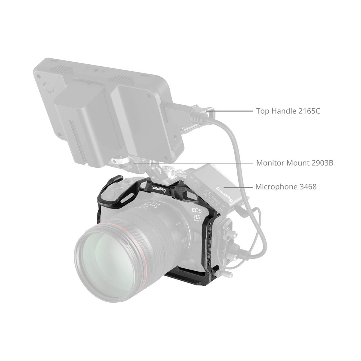 SmallRig 4975 Black Mamba Cage f. Canon EOS R5 II - Anwendungsbeispiel: Kamera-Rig mit SmallRig Cage, Monitor, Mikrofon und Top Handle SmallRig 4975 Black Mamba Cage f. Canon EOS R5 II - Anwendungsbeispiel: Kamera-Rig mit SmallRig Cage, Monitor, Mikrofon und Top Handle