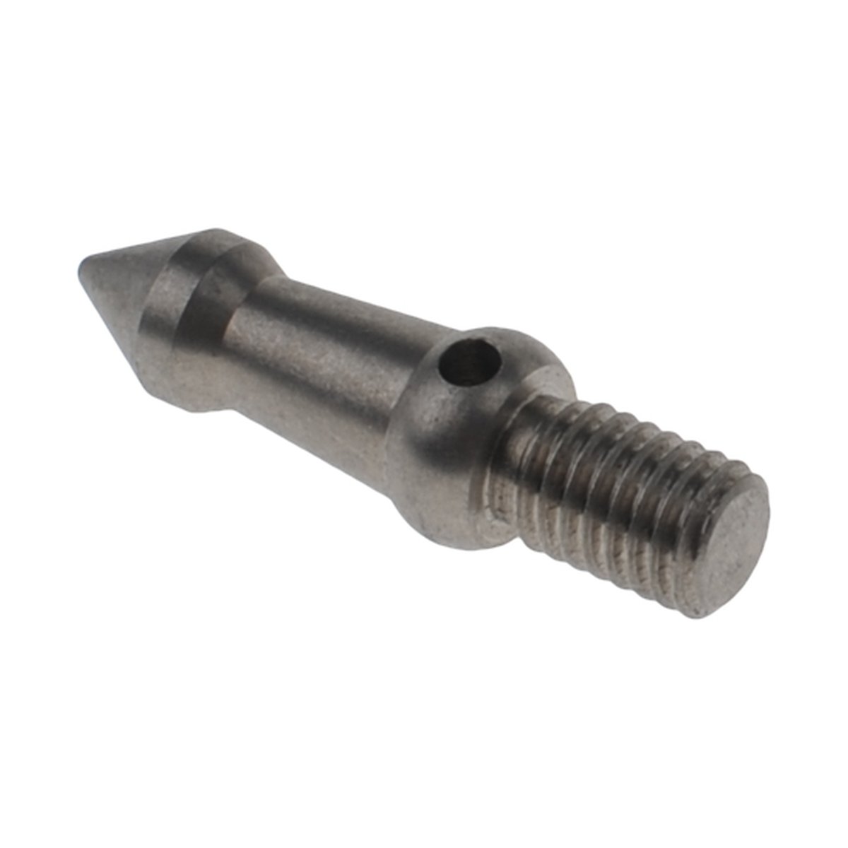 Caruba Stativspitze - Metall - Einzelansicht eines spitzen Metallstifts mit Gewinde und mittiger Bohrung.