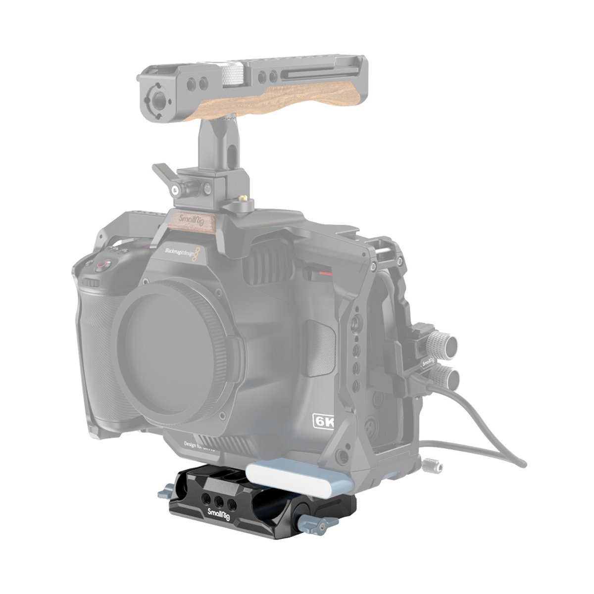 SmallRig 3357 Universal LWS Basisplatte mit doppelter 15 mm Stangenklemme - Anwendungsbeispiel: Blackmagic Kamera mit SmallRig Cage, Top Handle & 15mm Rod Support.