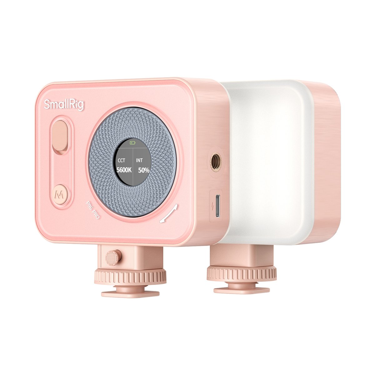 SmallRig 4786 Vibe P96 Pro Mini Pink LED-Videolicht - Produktansicht: Zwei rosa/weiße SmallRig Videoleuchten mit Display und Leuchtfläche.