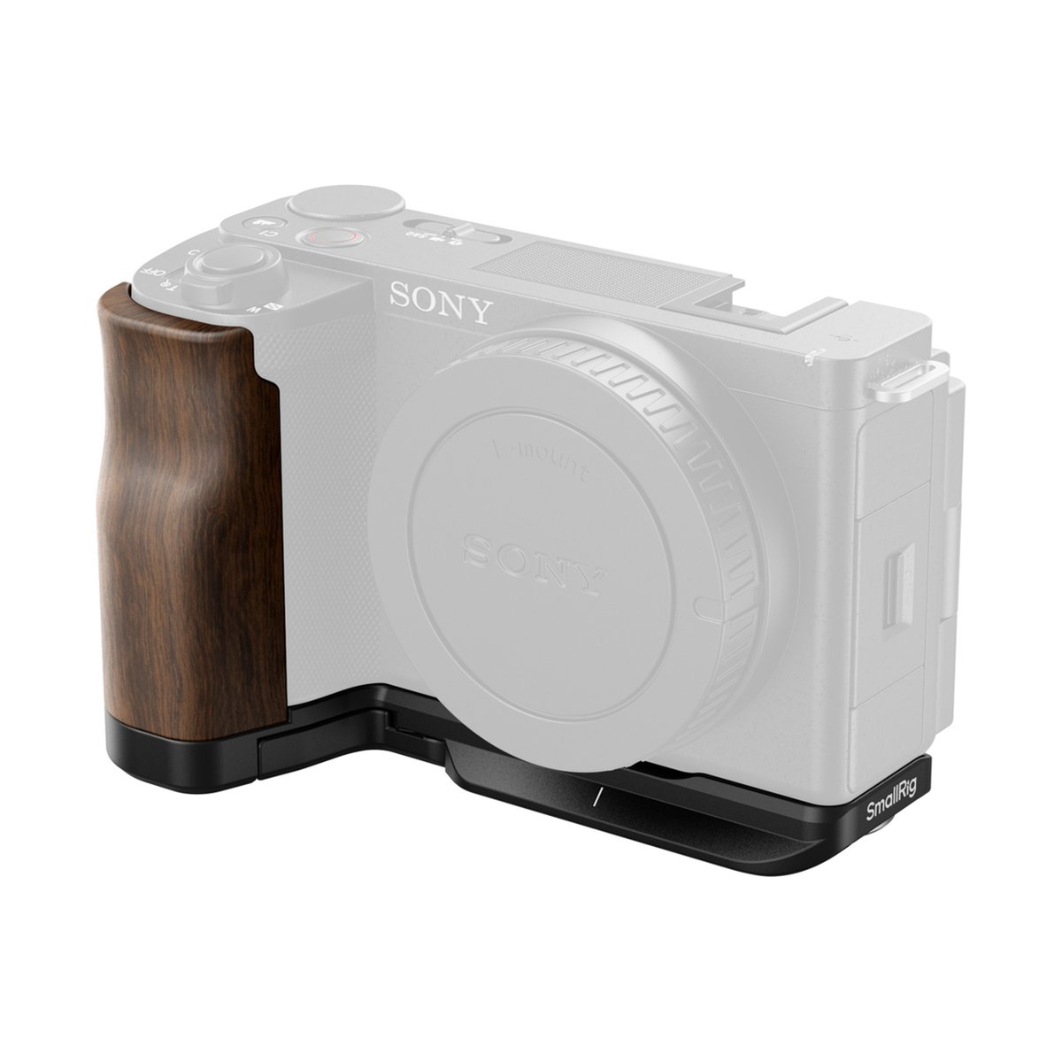 SmallRig 4864 L-förmige Montageplatte m. Holzgriff f. Sony ZV-E10 II - Anwendungsbeispiel am Kameragehäuse: SmallRig Holzgriff und Bodenplatte.
