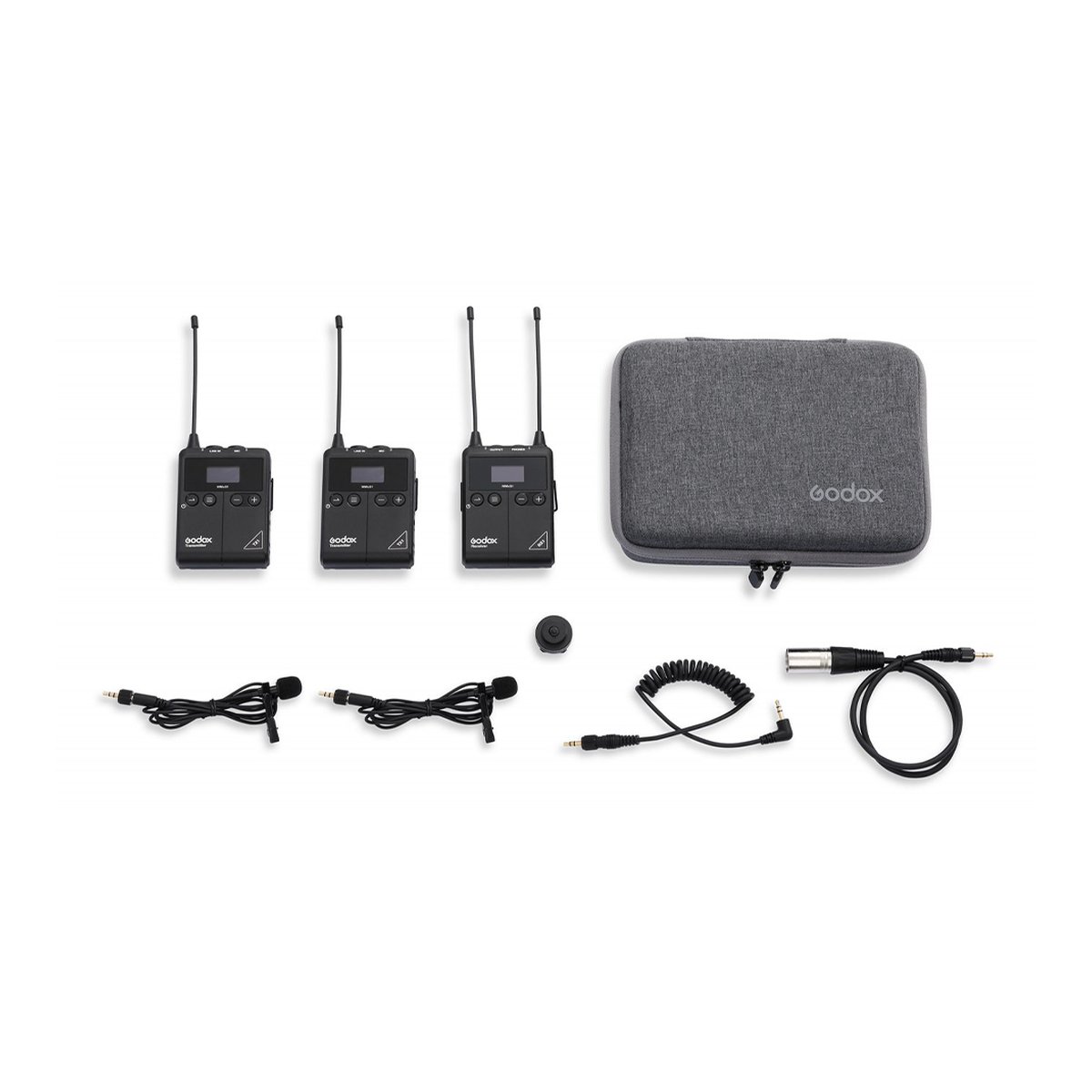 Godox UHF Drahtlos- und Lavaliermikrofon-Dubbelkit (2x TX1 /1x RX1 /2x LMS-12 AXL) - Lieferumfang: Godox Drahtlos-Mikrofonset mit 3 Sendern/Empfängern, Transporttasche, 2 Mikros & Kabeln.