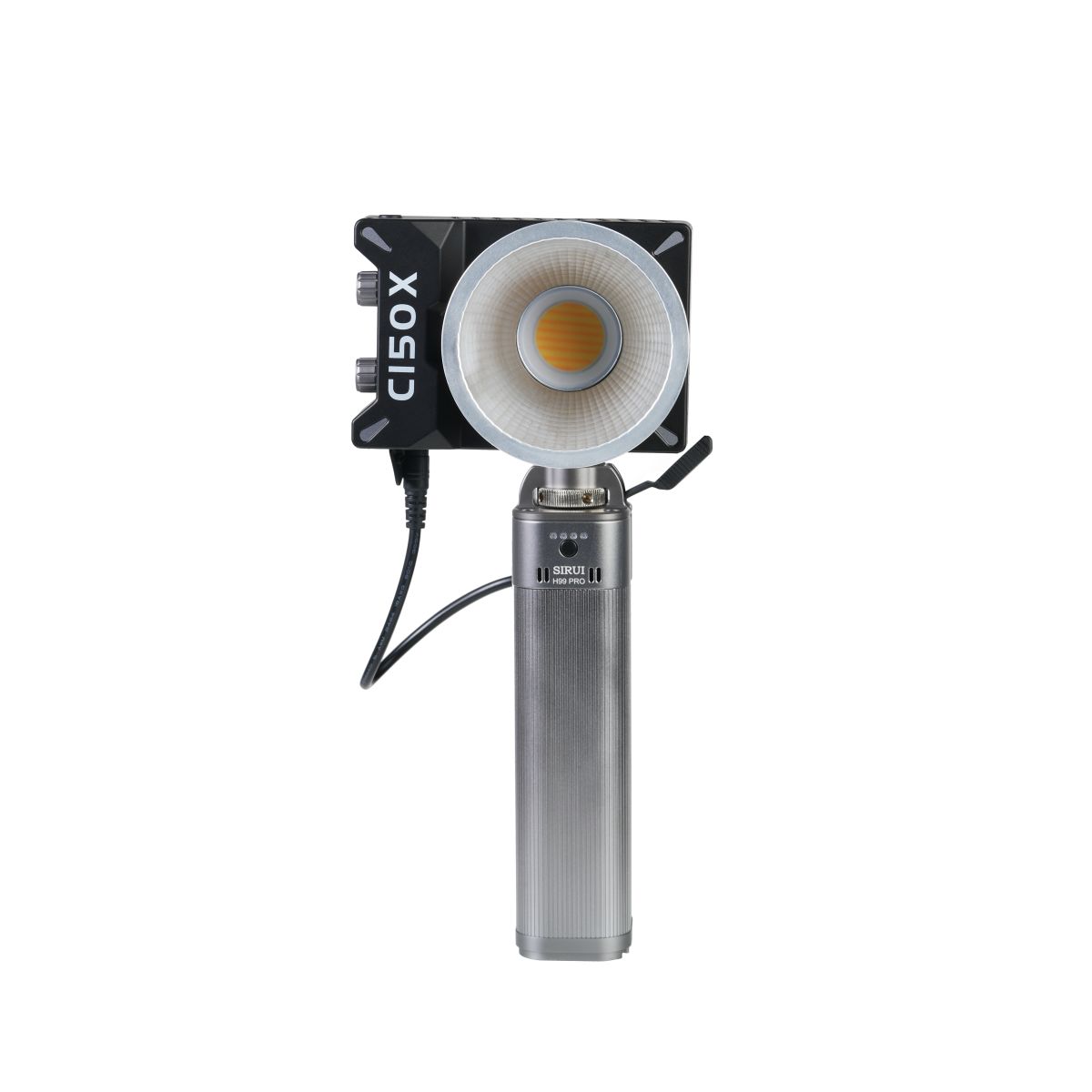 Sirui C150X Lite Mini LED Bicolor Dauerleuchte mit Reflektor und Akkugriff und Kabel Frontansicht 