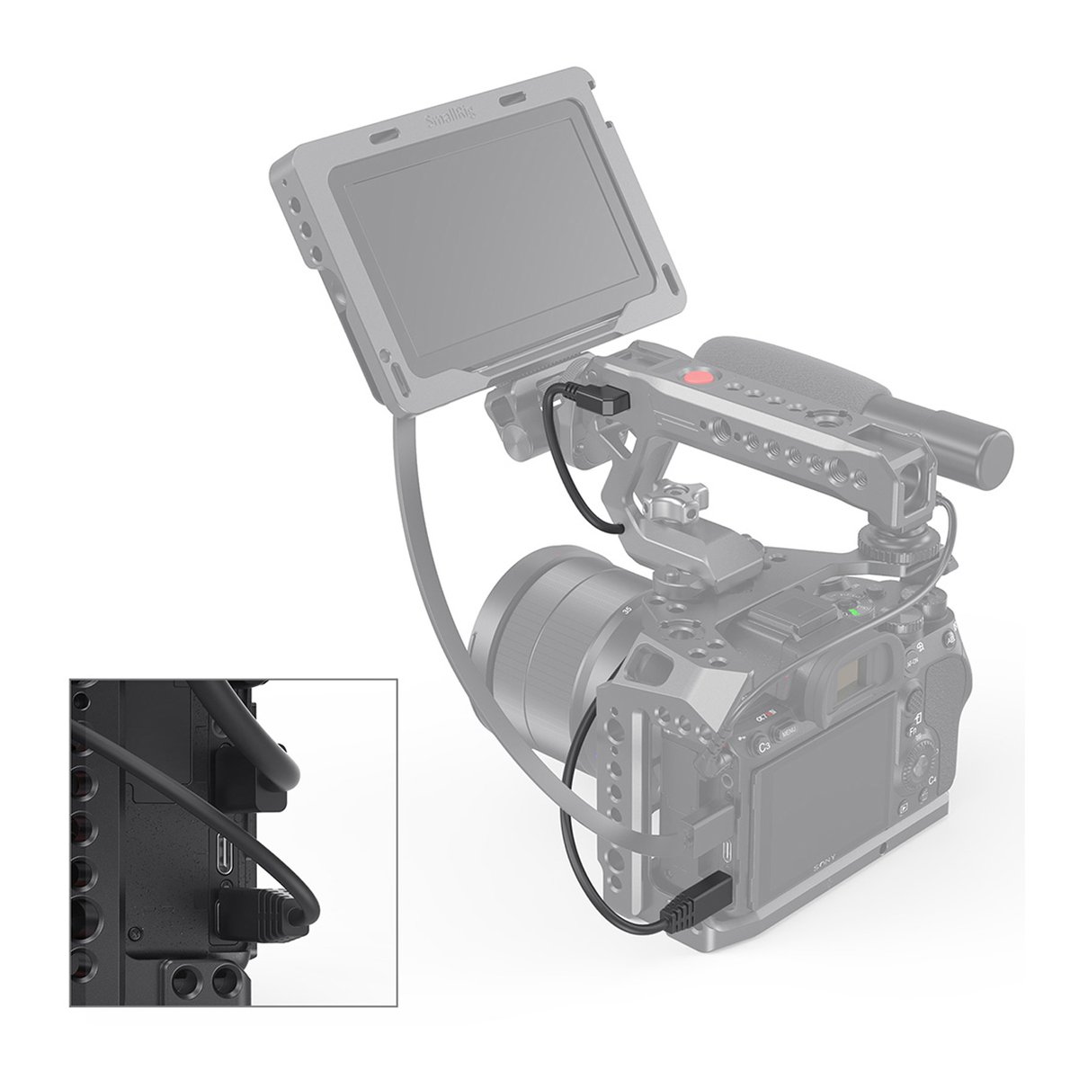 SmallRig 2971B Sony Multi-Camera Control Cable (Multi zu Typ-C) - Anwendungsbeispiel: USB-C Kabel am Kamera-Rig mit Detailansicht der Anschlussverbindung.