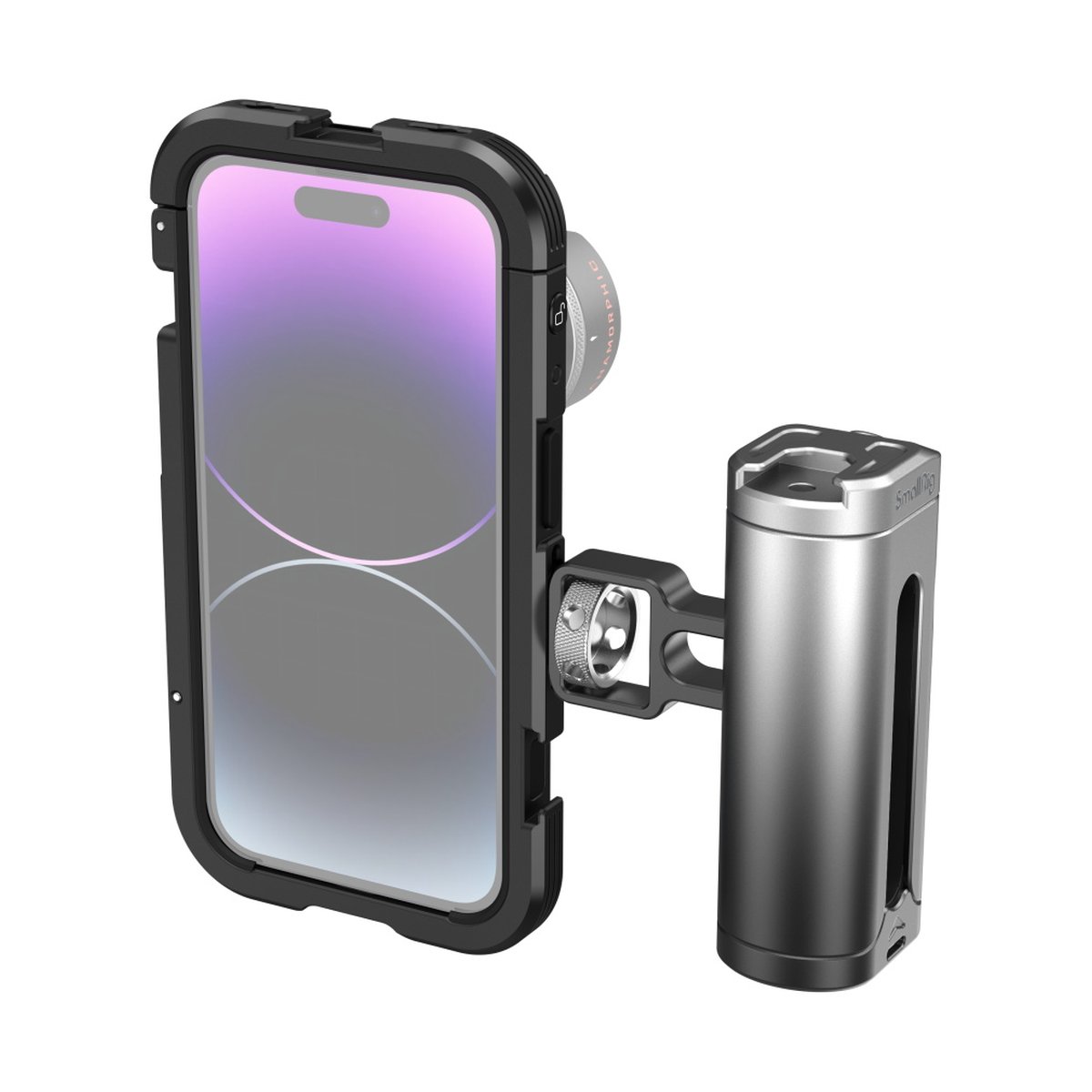 SmallRig 4100 Mobile Video Cage Kit (Single Handheld) for iPhone 14 Pro - Ansicht des Smartphones im Käfig mit angebrachtem Objektiv und seitlichem Powerbank-Griff.