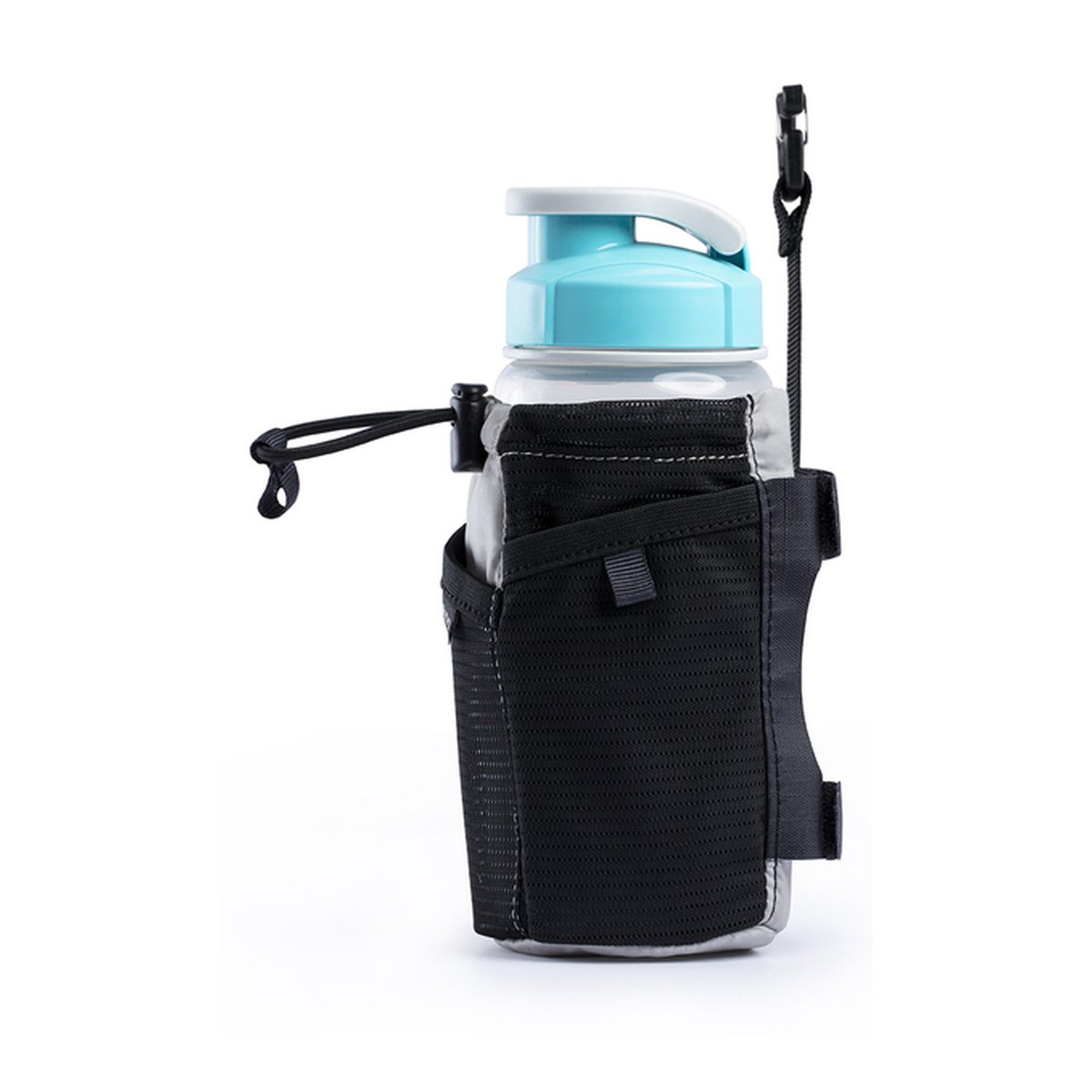 F-stop Mano Wasserflaschen-Tasche - Seitenansicht der Trinkflasche in schwarzem Flaschenhalter mit blauer Kappe.