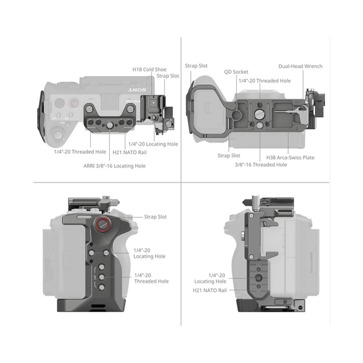 SmallRig 4770 HawkLock QR Cage Kit für Sony FX3 / FX30 - Technische Detailansicht: Befestigungspunkte und Anschlüsse des Kamera-Cages in 4 Ansichten.