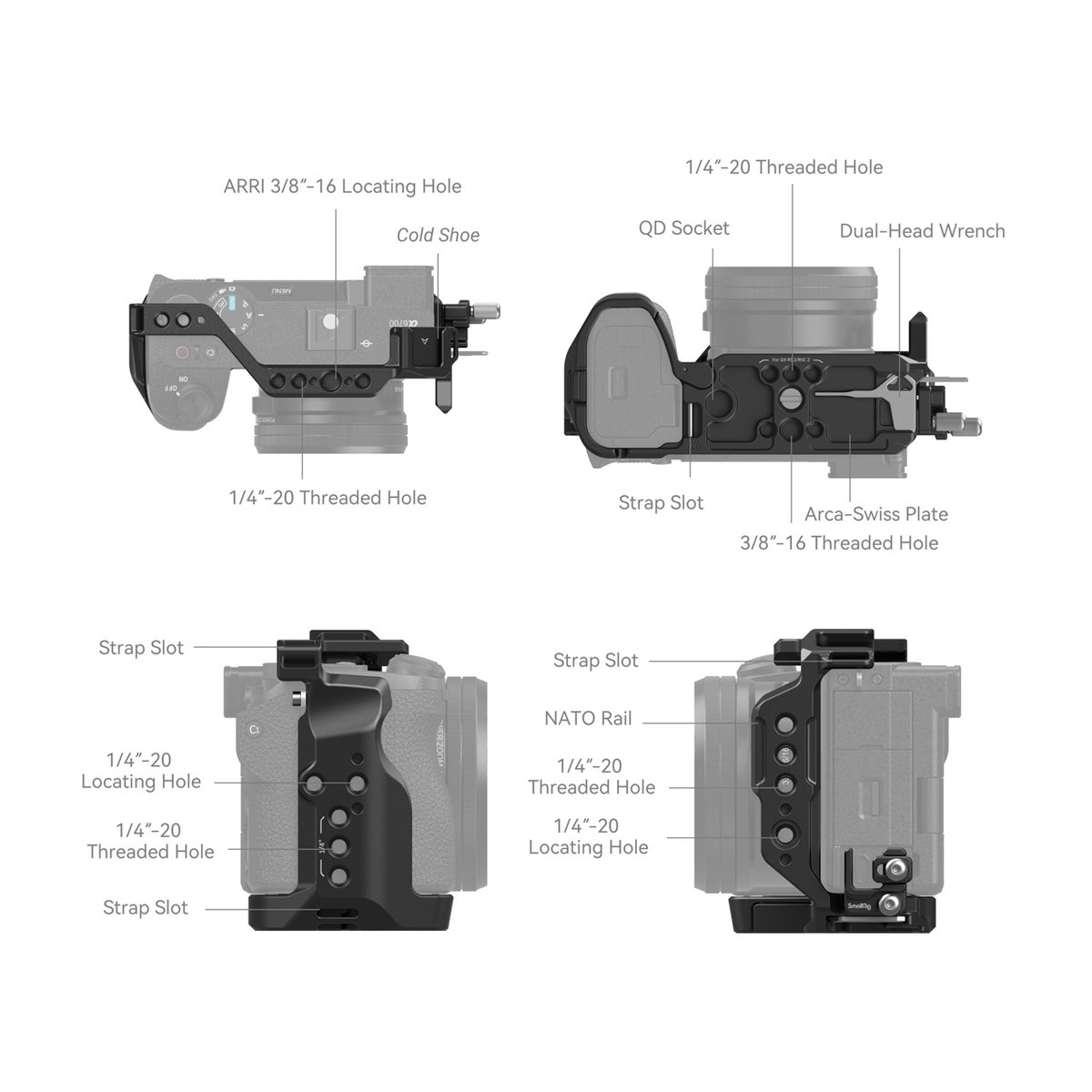 SmallRig 4336 Cage Kit für Sony Alpha 6700 - Detaillierte Ansichten des Kamera-Cages mit Beschriftungen aller Befestigungspunkte und Anschlüsse.