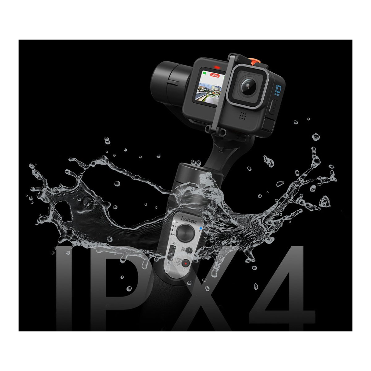 Hohem iSteady Pro4 - Anwendungsbeispiel: Hohem Gimbal mit GoPro im Wasserstrahl, demonstriert IPX4 Spritzwasserschutz.
